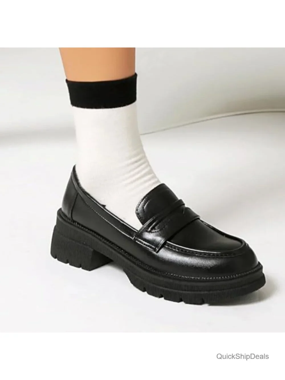 Patent Leather Chunky Platform Loafers for Women Slip-On Work Shoes